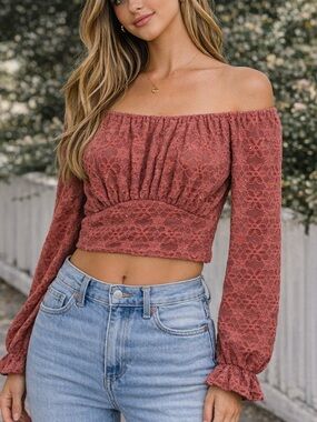 Beyond the Radar Off Shoulder Tie Front Floral Lace Crop Top Mauve Small